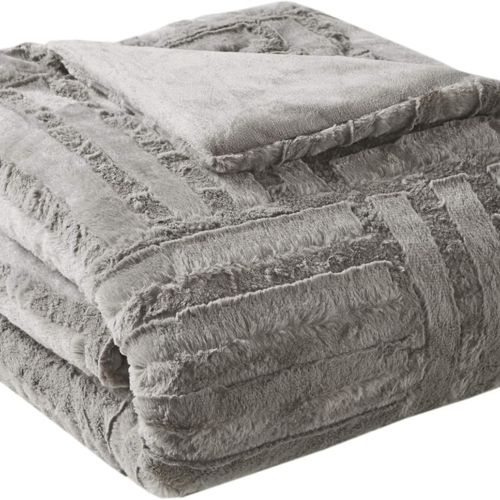 50"x60" Polar Solid Faux Fur Throw Blanket Gray - Madison Park - Picture 2 of 3